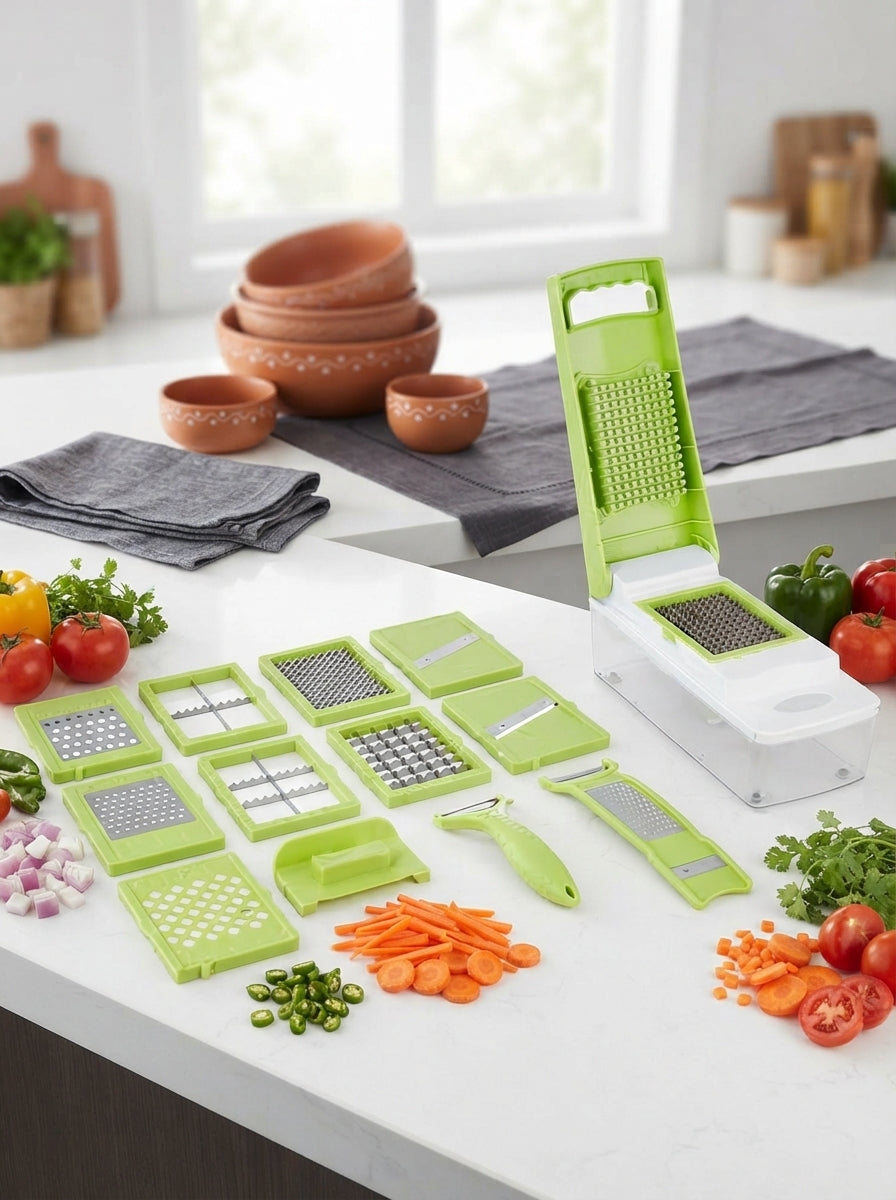 A 15-in-1 stainless steel vegetable chopper with pyramid blades and a detachable container on a white kitchen counter.